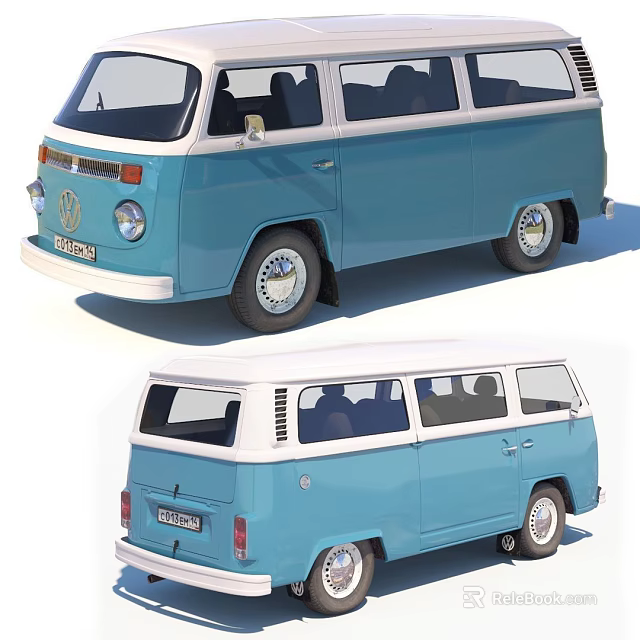 Classic Blue Volkswagen Bus with White Top Vintage Retro Van Exterior 3d model 