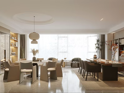 Modern Elegant Open Concept Restaurant With Large Windows Dining Tables Pendant Lights And Green Plants 3d model