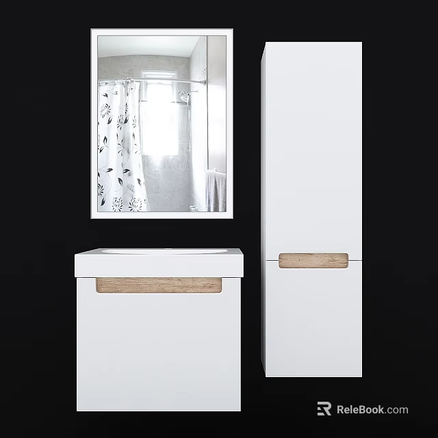 Modern White Bathroom Vanity with Mirror and Wooden Accent Storage Cabinet 3d model 