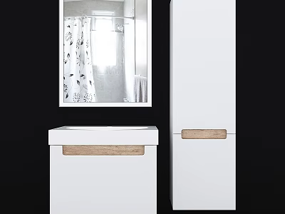 Modern White Bathroom Vanity with Mirror and Wooden Accent Storage Cabinet 3d model