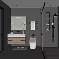 Modern Gray Bathroom Interior With Round Mirror Vanity Smart Toilet And Shower Area