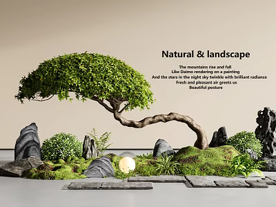 Serene Indoor Natural Landscape With Curved Tree Mountain Stones Green Moss And Stone Path 3d model