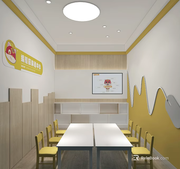 Kindergarten School Water Bar Interior With Yellow Chairs White Tables Wall Screen And Wave Decorations 3d model 
