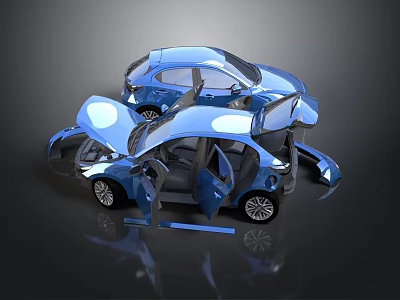 Blue Car With Open Doors Engine Hood Showcasing Internal Structure And Components 3d model