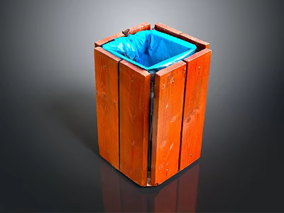 Orange Wooden Square Trash Can With Blue Trash Bag Inside Modern Design 3d model