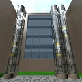 Modern Transparent Elevator with Glass Shaft and Gold Accents on Building Exterior