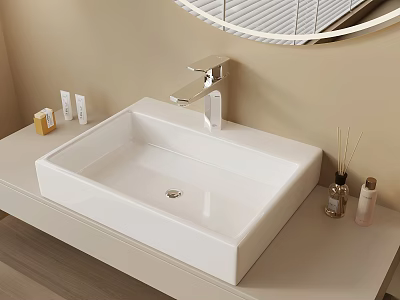 Modern Bathroom Sink Area With White Square Basin Silver Faucet And Skincare Products 3d model