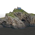 Garden Landscape Featuring Rocky Hill With Small House Green Vegetation And Waterfront Cave