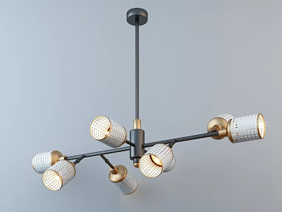 Modern Chandelier With Black Gold Metal Frame And Perforated White Shades 3d model