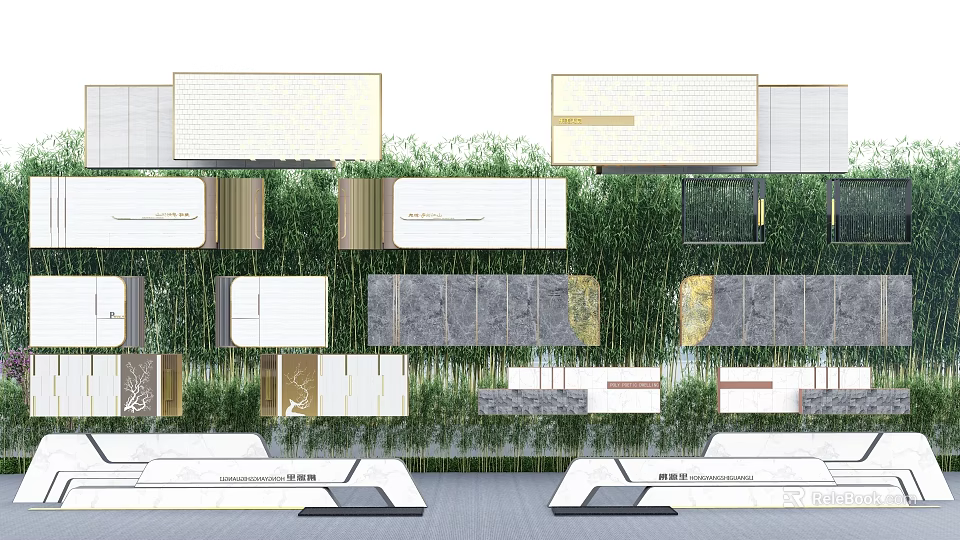 Modern Landscape Feature Walls With Mixed Material Panels And Lush Greenery Backdrop 3d model 