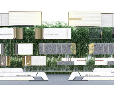 Modern Landscape Feature Walls With Mixed Material Panels And Lush Greenery Backdrop 3d model