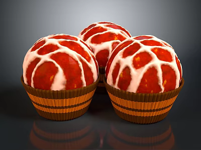 Spherical Sweet Desserts With Red And White Striped Cream In Brown Paper Cups 3d model