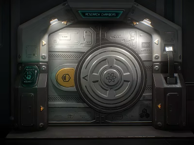 Sci Fi Metal Door With Circular Design Control Panel And Glowing Elements 3d model