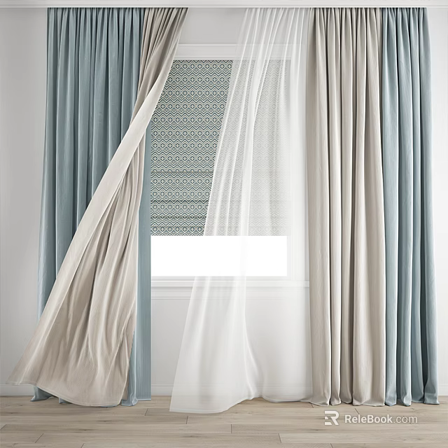 Light Blue And Beige Curtains With White Sheer Panel And Patterned Window Blind 3d model