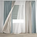 Light Blue And Beige Curtains With White Sheer Panel And Patterned Window Blind 3d model