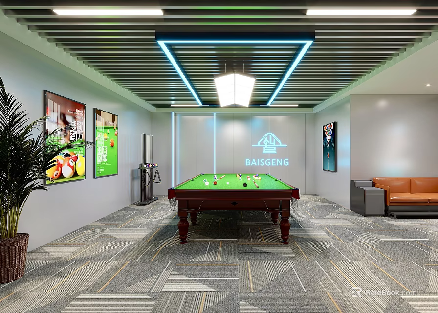 Modern Billiard Room Interior with Green Felt Table Framed Pictures Orange Sofa and Potted Plant 3d model 