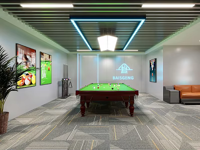 Modern Billiard Room Interior with Green Felt Table Framed Pictures Orange Sofa and Potted Plant 3d model