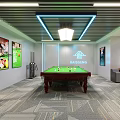 Modern Billiard Room Interior with Green Felt Table Framed Pictures Orange Sofa and Potted Plant