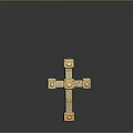 Artistic Golden Cross Sculpture with Intricate Carvings and Gemstone Accents