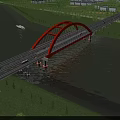 Red Arch Bridge Spanning River With Vehicles And Boat Surrounded By Green Grass Trees