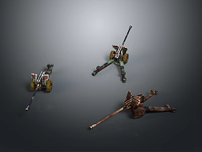Three Different Vintage Mechanical Cannons Displayed On Gray Background Setup 3d model