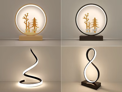Modern Stylish Table Lamp Featuring Circular Frame Tree Decor Spiral And Figure Eight Designs 3d model