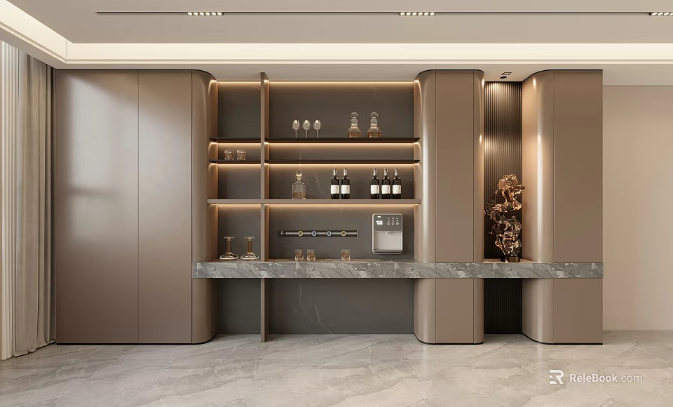 Elegant Modern Wine Cabinet With Glass Shelves Marble Countertop And Wine Glasses 3d model 