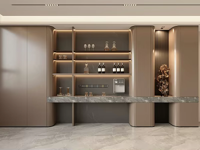 Elegant Modern Wine Cabinet With Glass Shelves Marble Countertop And Wine Glasses 3d model