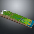 3D Terrain Model with Snowy Mountains Green Terrain River and Water Area