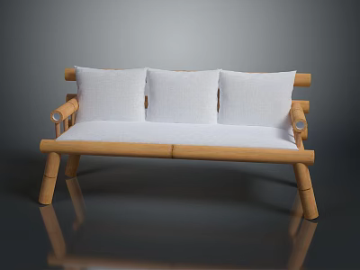 Light Wood Three Seater Sofa With White Cushions Sturdy Structure And Simple Design 3d model