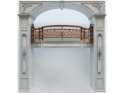 Elegant Arched Doorway Design With Carved Stone Columns And Wooden Railing 3d model