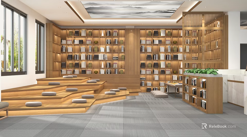 Book Art Interior With Wooden Bookshelves Stepped Seating Ceiling Artwork And Green Plants 3d model 
