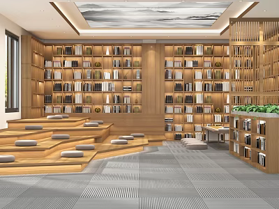 Book Art Interior With Wooden Bookshelves Stepped Seating Ceiling Artwork And Green Plants 3d model