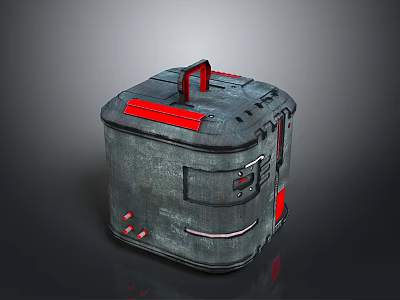 Modern Gray Metal Storage Box With Red Handle And Sturdy Design 3d model