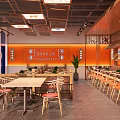 Modern Restaurant Interior With Wooden Tables Chairs Blue Walls Orange Decor And Green Plants