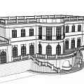 White Classical Detached Villa Exterior With Balconies Staircase Green Lawn And Blue Sky