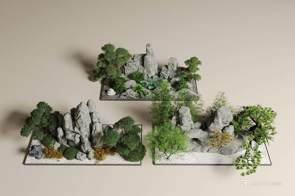 Courtyard Garden Landscape Design With Rock Formations Various Green Plants And Small Water Features 3d model 