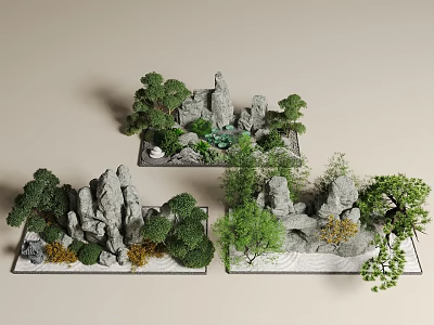 Courtyard Garden Landscape Design With Rock Formations Various Green Plants And Small Water Features 3d model