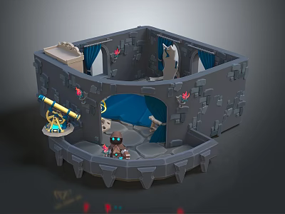 Cartoon Scene With Gray Stone Walls Blue Curtains Small Characters And Telescope 3d model