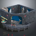 Cartoon Scene With Gray Stone Walls Blue Curtains Small Characters And Telescope