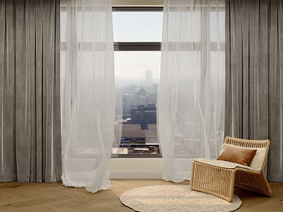 Elegant Layered Curtains Sheer White And Gray Drapes In Modern Living Room With City View 3d model