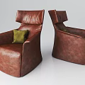 Two Brown Leather Armchairs With Green Cushion Displayed In Different Angles 3d model