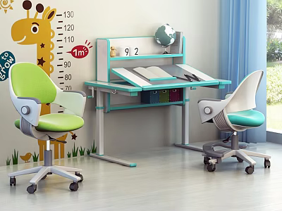 Colorful Kids Desk With Globe Books Two Comfortable Chairs And Giraffe Growth Chart 3d model