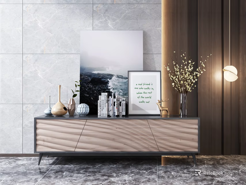 Modern TV Stand with Marble Wall Decorative Artwork Vase and Decorative Items 3d model 