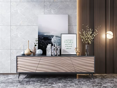 Modern TV Stand with Marble Wall Decorative Artwork Vase and Decorative Items 3d model