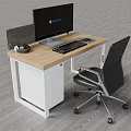 Office Desk Featuring Wooden Desktop White Cabinet Monitor Keyboard Mouse Headphones and Black Office Chair