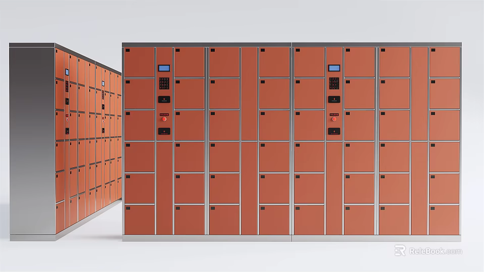 Public Facility Orange Storage Lockers With Digital Keypad And Multiple Compartments 3d model