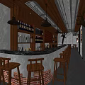 Industrial Bar Interior With Wooden Counter Stools Chalkboard Menu Pendant Lighting And Brick Wall