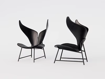 Black Modern Leisure Chair With Unique Wing Shaped Back And Metal Legs 3d model