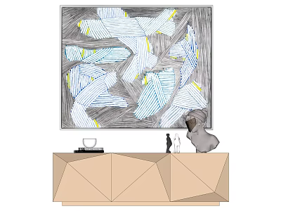Abstract Painting With Geometric Lines Blue White Gray Tones On Beige Geometric Cabinet 3d model